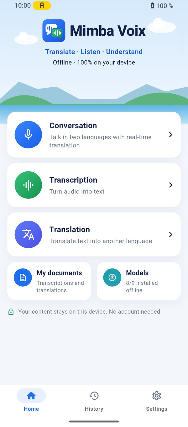 Mimba Voix home screen: Conversation, Transcription, Translation
